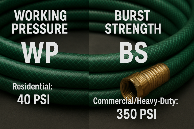 An infographic visually differentiating 'Working Pressure' (WP) from 'Burst Strength' (BS) in garden hoses, providing practical examples of typical PSI values for residential and commercial/heavy-duty applications, essential for precise product specification by buyers.