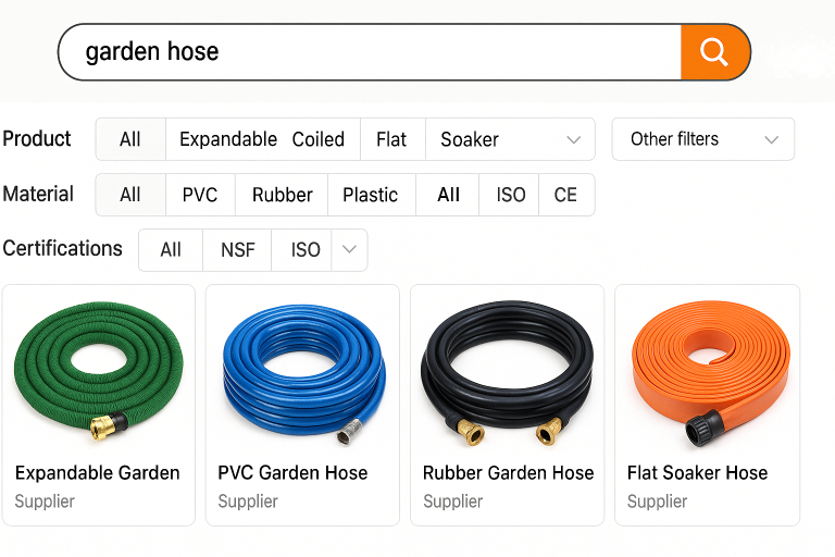 A screenshot illustrating effective utilization of search filters on a typical B2B platform (e.g., Alibaba) when seeking garden hose suppliers. It highlights how to refine results by specific hose types, materials, and required certifications (e.g., NSF, ISO), thereby streamlining the initial supplier identification process.