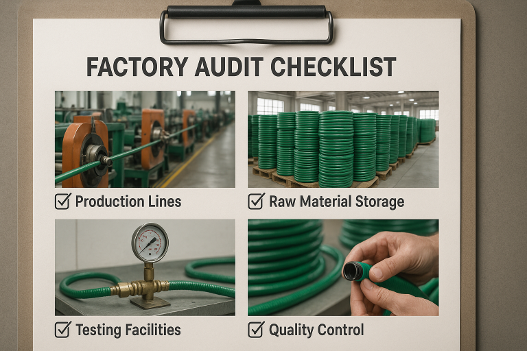 A detailed visual checklist illustrating critical areas for conducting a factory audit specifically for a garden hose manufacturer. It focuses on inspecting production lines, raw material storage, dedicated in-house testing facilities (like those for pressure testing), and specific quality control stations relevant to hose manufacturing, guiding thorough supplier assessment.