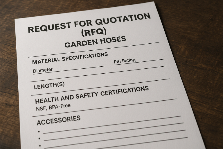 A visual representation of a comprehensive Request for Quotation (RFQ) template specifically designed for garden hoses. It outlines key sections such as material specifications, precise diameter and PSI ratings, desired lengths, mandatory health and safety certifications (e.g., NSF, BPA-free), and detailed accessory requirements, aiming to solicit thorough and accurate supplier proposals.