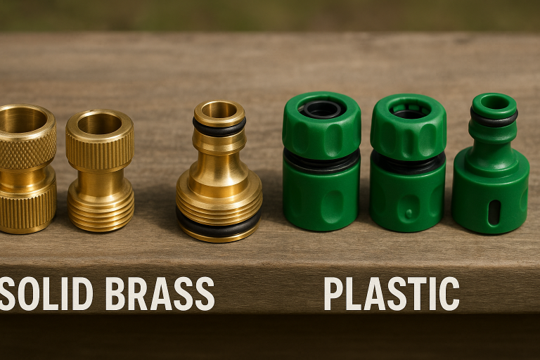 A visual comparison illustrating common garden hose fittings, explicitly contrasting the durability and quality of solid brass options with standard plastic fittings, alongside examples of various quick-change connectors to highlight the importance of detailed accessory customization in the RFQ.