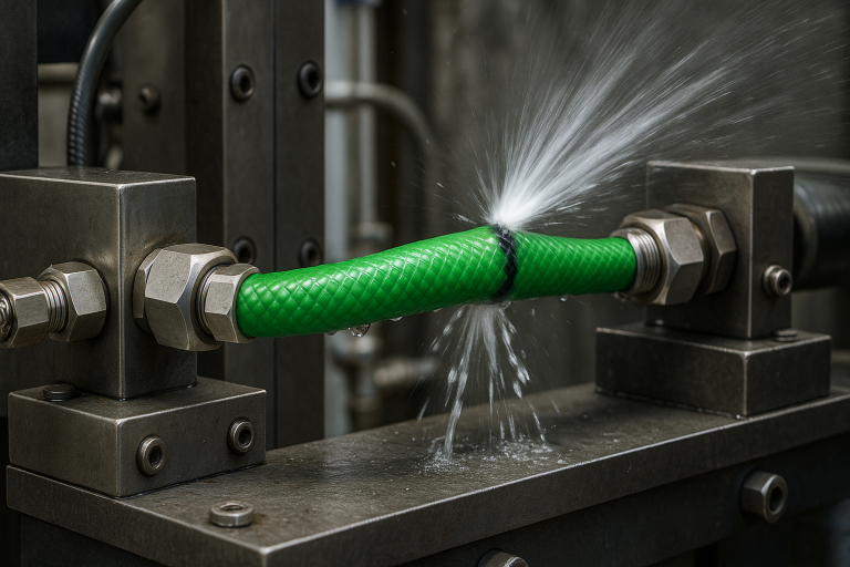 Close-up photographs illustrating a garden hose burst pressure testing machine actively in operation. This critical quality control step demonstrates how hoses are subjected to extreme internal pressure to rigorously verify their burst strength specifications, ensuring safety and longevity.