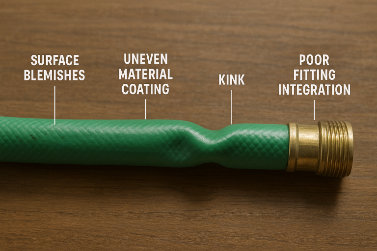 A visual guide depicting common quality defects encountered in garden hoses, such as surface blemishes, uneven material coating, subtle kinks, and visible signs of poor fitting integration, serving as a practical aid for visual inspection during quality control processes.