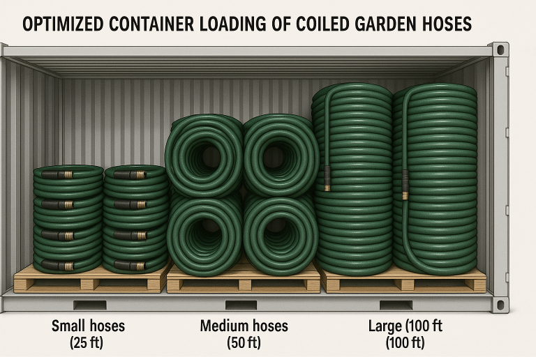 A detailed diagram illustrating optimized container loading strategies specifically for various types and lengths of coiled garden hoses. The visual demonstrates how to maximize space efficiency within a shipping container and minimize potential damage during international sea freight, which directly impacts logistical costs.