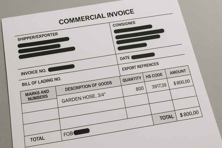 A redacted sample of a commercial invoice or Bill of Lading for a garden hose shipment. This document highlights critical fields such as the precise product description, correct HS (Harmonized System) codes, and specified Incoterms, all of which are essential for smooth customs clearance and import compliance.