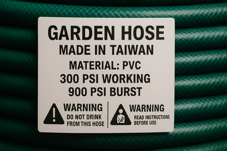 An image showcasing a compliant product label specifically for a garden hose. It clearly indicates essential information like the Country of Origin, material composition, PSI ratings, and critical safety warnings, demonstrating adherence to international import regulations and consumer information requirements.