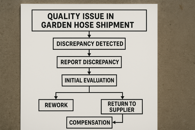 A clear flowchart outlining the methodical step-by-step process for managing quality discrepancies discovered in a garden hose shipment upon arrival. It illustrates actions from initial detection and comprehensive reporting to various resolution options, including rework, returns, or compensation, providing a practical guide for buyers.