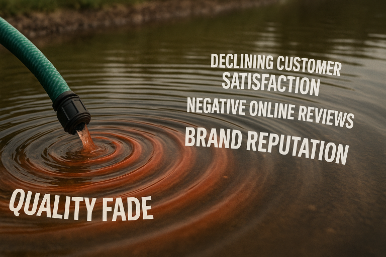 An illustrative graphic depicting the cascading negative ripple effect of 'quality fade' on a garden hose product. It visually emphasizes the long-term consequences of inconsistent quality, such as declining customer satisfaction, a surge in negative online reviews, and significant damage to overall brand reputation.