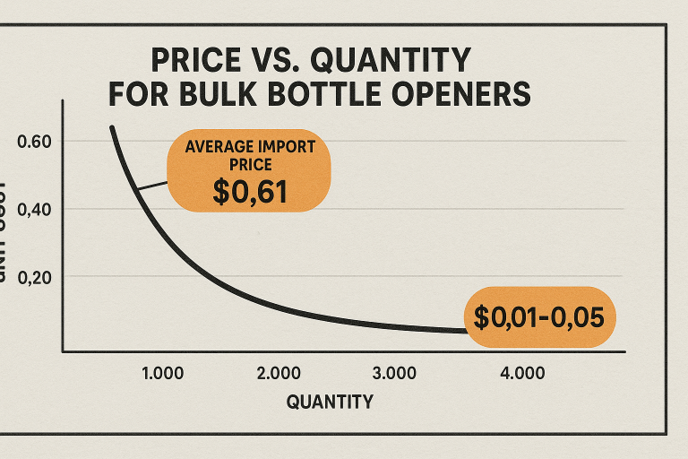 A clear graphic illustrating the typical price vs. quantity curve for bulk bottle openers, demonstrating how unit cost decreases significantly at higher volumes, with highlighted callouts for the extreme $0.01-$0.05 price point and the more realistic $0.61 average import price.