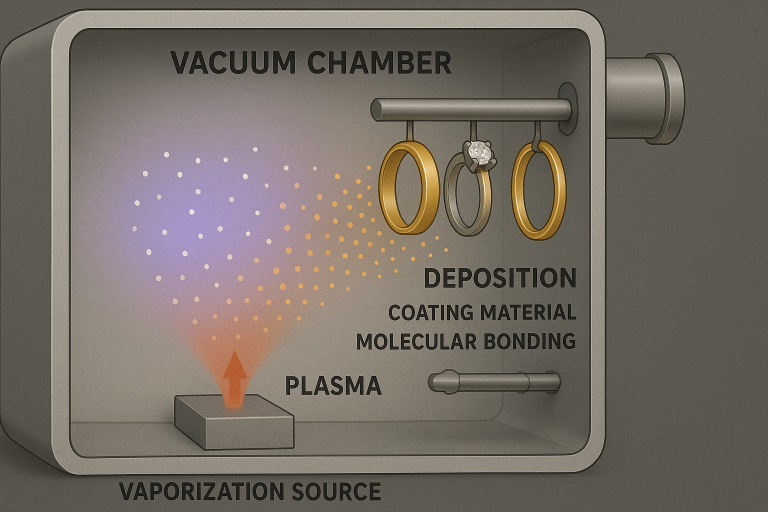A detailed technical diagram illustrating the core stages within a PVD vacuum chamber, showing the vaporization source, plasma generation, and the precise deposition of coating material onto jewelry pieces, emphasizing the critical molecular bonding process.