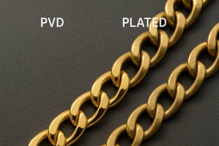 A close-up comparison image contrasting the brilliant, sleek, and uniform finish of a PVD gold-coated jewelry piece with a traditionally plated piece showing visible signs of dullness, wear, or inconsistent color, clearly illustrating PVD's aesthetic superiority.