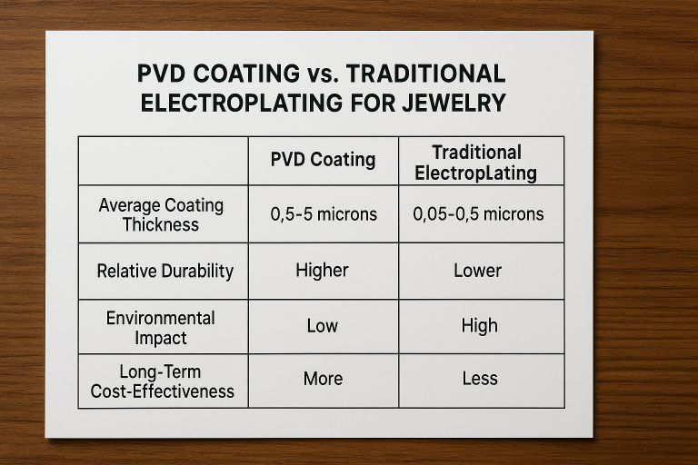 A clear comparative chart detailing the key differences between PVD coating and traditional electroplating for jewelry, focusing on quantitative metrics like average coating thickness, relative durability, environmental impact, and long-term cost-effectiveness, aiding strategic sourcing decisions.