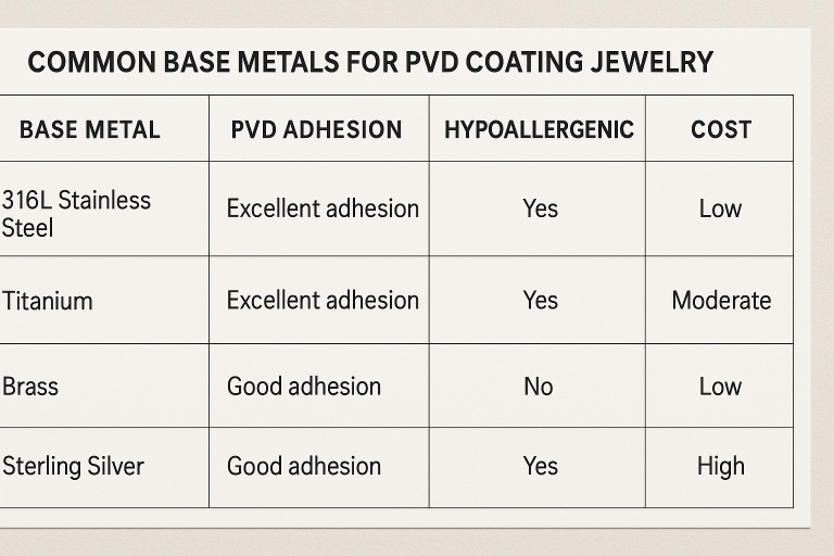 A professional table comparing common base metals for PVD Coating Jewelry (e.g., 316L Stainless Steel, Titanium, Brass, Sterling Silver), outlining their distinct pros and cons related to PVD adhesion characteristics, hypoallergenic properties, and typical cost factors, providing essential guidance for informed material specification during sourcing.