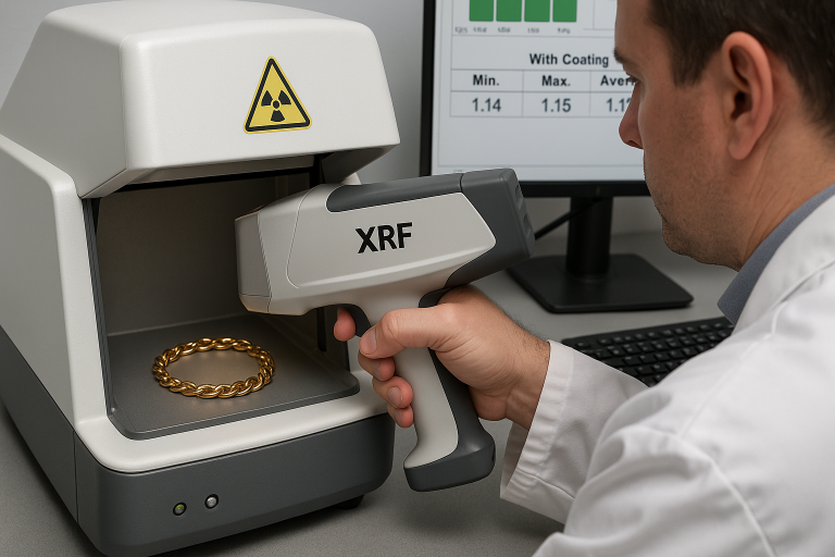 A visual example of an XRF (X-ray Fluorescence) testing machine being used by a quality control technician to accurately verify PVD coating thickness on jewelry, emphasizing its critical role in meeting precise minimum micron requirements and ensuring product quality.
