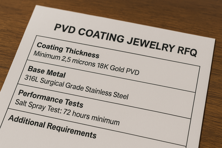 A formatted snippet showcasing a PVD Coating Jewelry RFQ template, highlighting key sections for precise coating thickness specification (e.g., 