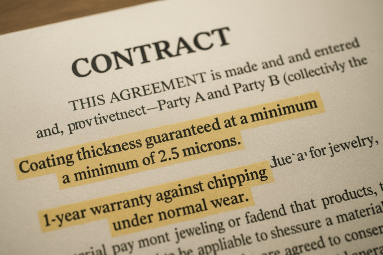 A clear sample contract clause highlighting a PVD coating thickness guarantee (e.g., 