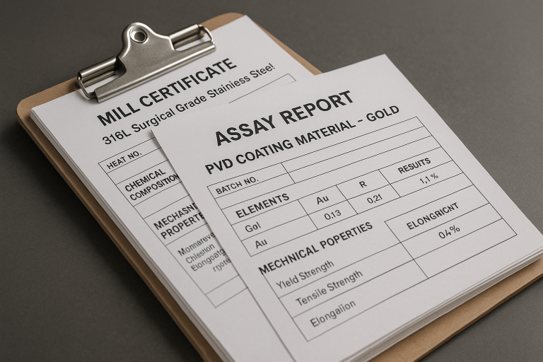 A professional stack of material certification documents, including mill certificates for 316L Surgical Grade Stainless Steel and assay reports for PVD coating materials like gold, neatly organized on a clipboard, emphasizing the critical importance of verifying raw material quality before any production begins.