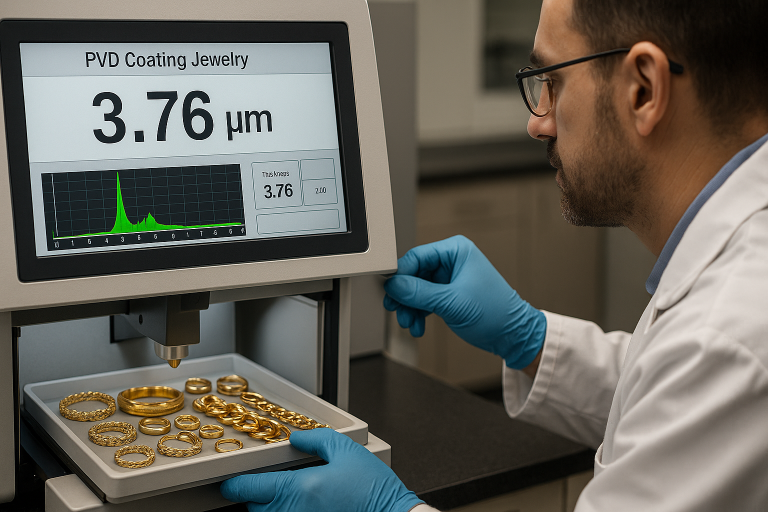 A skilled lab technician meticulously operating an XRF (X-ray Fluorescence) machine on a batch of PVD Coating Jewelry, with a clear digital readout displaying the precise coating thickness, graphically illustrating the critical process of quantitative measurement for quality assurance.