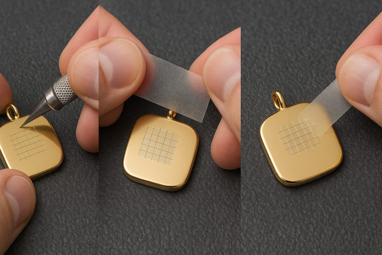 A visual sequence of three images depicting the methodical steps of a cross-hatch adhesion test being performed on a PVD coated jewelry piece: initial precise cuts into the coating, application of strong adhesive tape over the grid, and finally, the careful removal of the tape to inspect for any coating detachment, validating bond strength.
