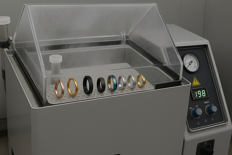 An image of a professional salt spray testing chamber containing various PVD Coating Jewelry samples, clearly demonstrating a key industry method for rigorously evaluating corrosion resistance, validating the coating's durability against environmental factors, and confirming waterproof properties.