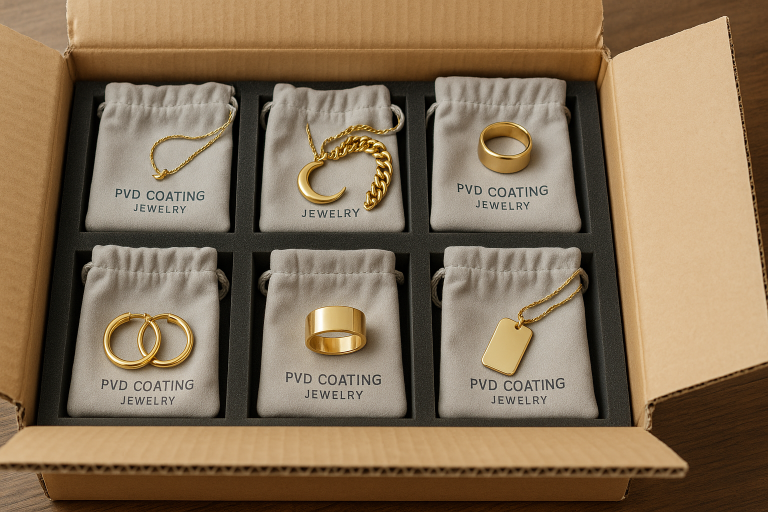 An open shipping box clearly showing PVD Coating Jewelry pieces meticulously organized, individually wrapped in soft protective pouches, and securely nested within tailored foam inserts, visually demonstrating optimal packaging best practices for preventing transit damage to delicate finishes.