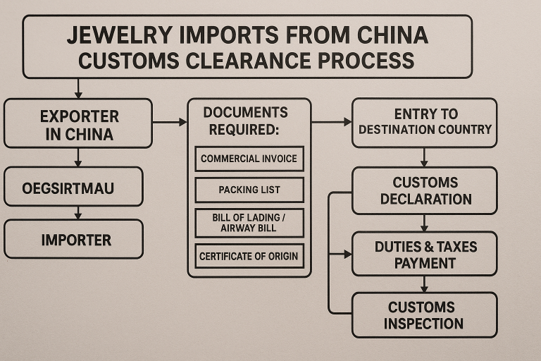 A comprehensive flowchart illustrating the typical customs clearance process for jewelry imports from China, highlighting essential checkpoints and key documents required at each stage, such as the commercial invoice, packing list, bill of lading/airway bill, and certificate of origin, to ensure smooth and compliant importation.