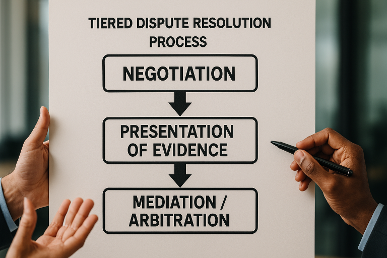 A visual representation of a tiered dispute resolution process specifically designed for international sourcing, showing a clear escalation path from direct negotiation and evidence presentation to third-party mediation or arbitration, useful for effectively managing and resolving complex supplier relationships.