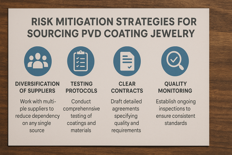 An insightful infographic summarizing key risk mitigation strategies specifically for sourcing PVD Coating Jewelry, including principles such as diversification of suppliers, implementing comprehensive testing protocols, drafting clear contractual agreements, and establishing continuous quality monitoring processes, all vital for robust supply chain management.