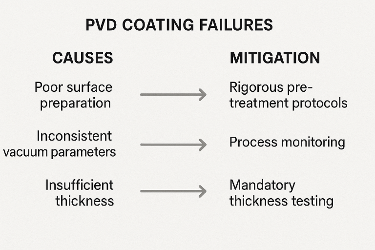 A visual flow chart illustrating common causes of PVD coating failures, such as poor surface preparation, inconsistent vacuum parameters, or insufficient thickness, and corresponding mitigation strategies like rigorous pre-treatment protocols, process monitoring, and mandatory thickness testing, providing a proactive risk management framework.