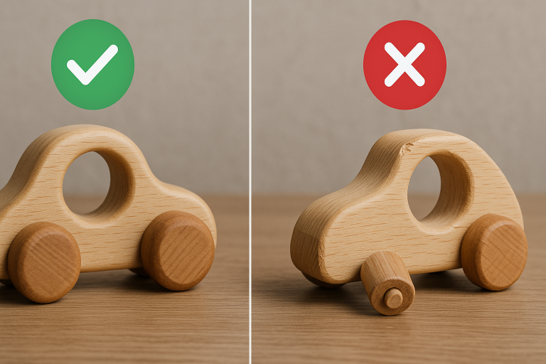 A side-by-side comparison illustrating good vs. poor wooden toy construction, highlighting securely joined wooden parts with smooth, rounded edges on one side, contrasted with loose or sharp elements that pose safety risks on the other. This visually reinforces the importance of meticulous design.