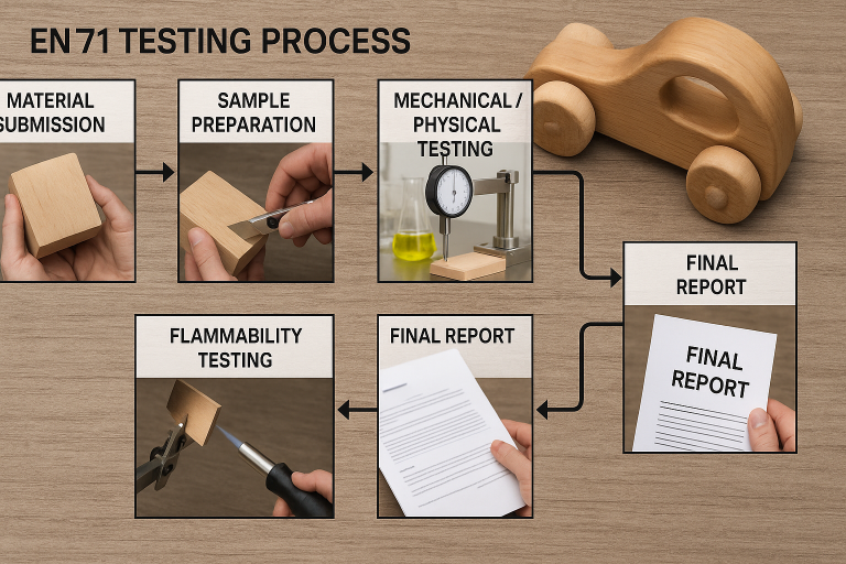 A visual flow chart demonstrating the typical testing process for EN 71 compliance for wooden toys, showing the sequence from material submission and sample preparation through specific laboratory tests like EN 71-3 for chemical migration, culminating in final report generation and certification. This process ensures comprehensive safety adherence.