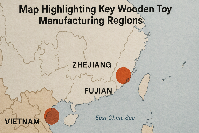 A map highlighting key wooden toy manufacturing regions in China (e.g., Zhejiang, Fujian) and Vietnam, illustrating major sourcing hubs. This visual aids in geographically pinpointing potential manufacturing partners for wooden toys.