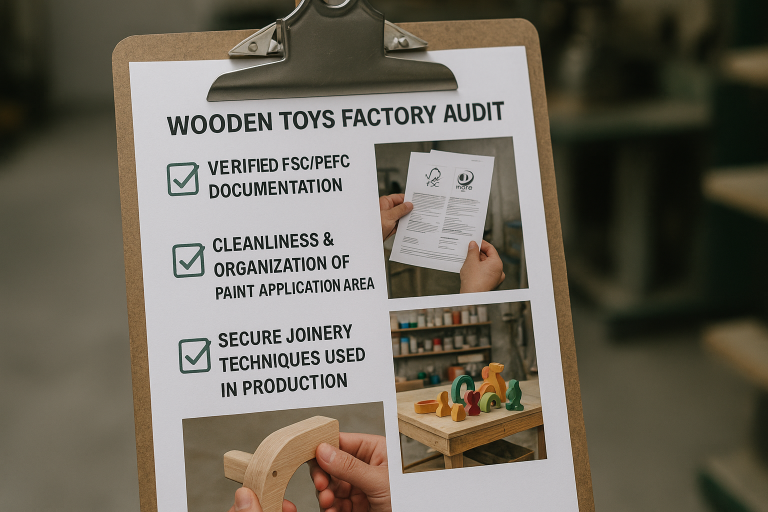 A visual checklist for a wooden toys factory audit, highlighting critical points like verified FSC/PEFC documentation, cleanliness and organization of the paint application area, and visual examples of secure joinery techniques used in production. This checklist provides a practical guide for on-site assessment.