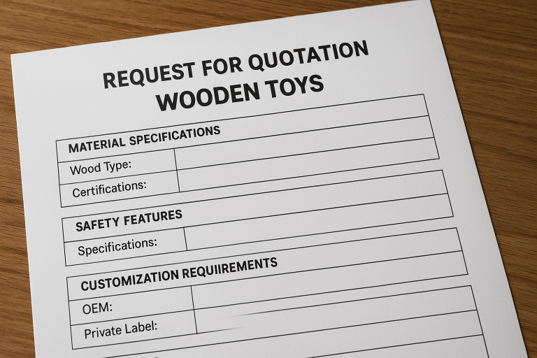 A template for a comprehensive Request for Quotation (RFQ) for wooden toys, clearly showing sections for detailed material specifications (wood type, certifications), precise safety features, various customization requirements (OEM, private label), and specific packaging details. This visual serves as a practical guide for structuring a thorough RFQ.