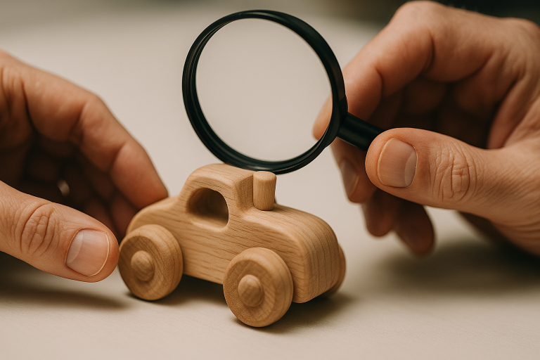 A visual representation of a wooden toy prototype undergoing rigorous inspection on a clean surface, with close-ups highlighting smooth, splinter-free finishes, secure joints, and carefully rounded edges to ensure safety. This illustrates the meticulous attention required during the sample approval process.