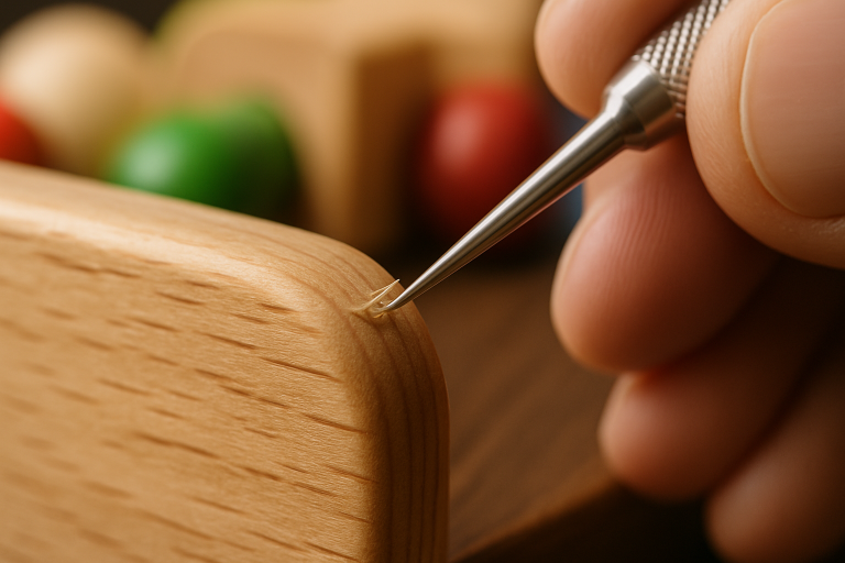 A magnified close-up image of a wooden toy edge, showing a subtle splinter being pointed out by an inspector's precision tool. This illustrates a common, often overlooked, quality control issue unique to wooden products and the meticulous attention required to prevent it.