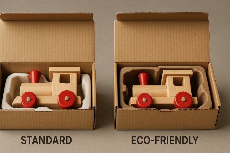 A visual comparison of standard vs. eco-friendly packaging for wooden toys, showcasing recycled cardboard boxes with precisely molded paper-based inserts protecting the products. This image emphasizes the dual goals of sustainability and robust product protection during transit.