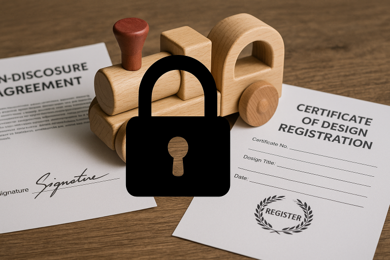 A visual representation of IP protection measures for wooden toy designs, showing a padlock icon superimposed over a unique toy design, alongside a signed NDA document and a certificate of design registration. This illustrates the layers of legal and contractual protection I recommend.