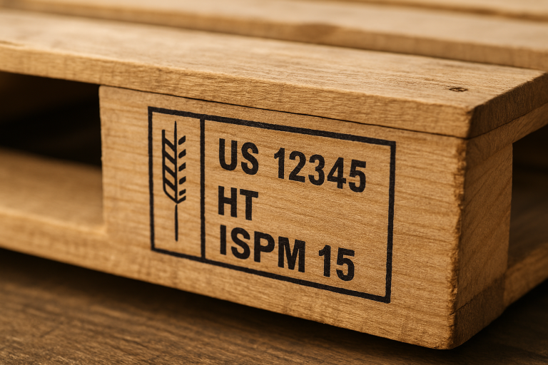 A visual showing the ISPM 15 stamp on a wooden pallet, indicating that it has undergone the required heat treatment or fumigation to comply with international phytosanitary regulations. This image helps illustrate a key practical detail for wooden toy imports.