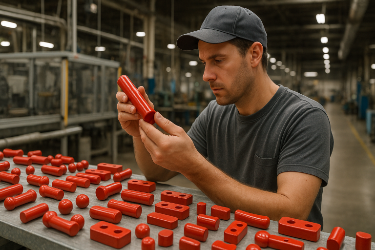 A factory floor scene showing an operator conducting an in-line visual inspection of newly painted wooden toy components, checking for uniform coating, drips, and surface imperfections. This highlights the importance of continuous monitoring during production.