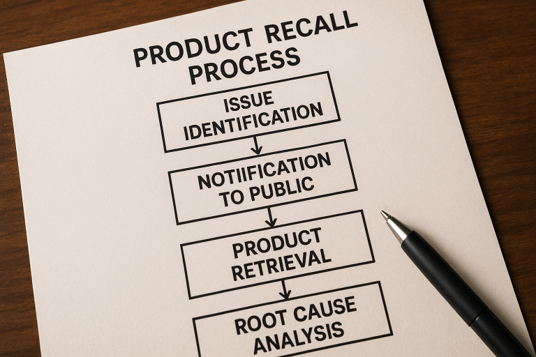 A visual representation of a product recall process flowchart, showing steps from issue identification to public notification, product retrieval, and root cause analysis. This emphasizes the critical importance of preparedness for potential post-import challenges.