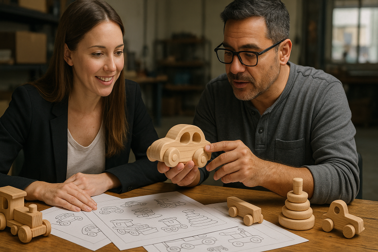 A scene depicting a collaborative design meeting between a buyer and wooden toy manufacturer, showing design sketches, wooden prototypes, and engineers discussing craftsmanship details. This emphasizes the benefit of leveraging manufacturer expertise in product development.
