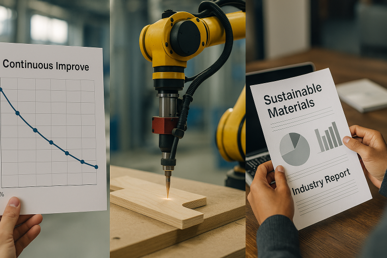 A collage of images representing continuous improvement: a graph showing reduced defect rates, a new robotic arm for precision cutting of wooden components, and a person reviewing industry reports on sustainable materials. This visually summarizes the multi-faceted approach to ongoing enhancement.