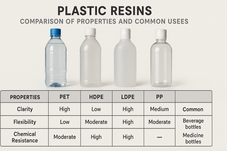 Infographic comparing the properties and common uses of PET, HDPE, LDPE, and PP resins, highlighting their clarity, flexibility, and chemical resistance for different plastic bottle applications, valuable for initial material selection.