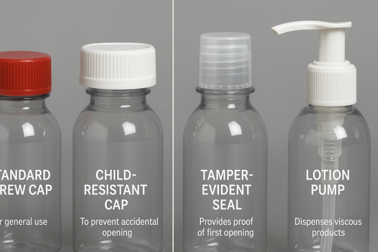 Visual guide showcasing different plastic bottle closure types including standard screw caps, child-resistant caps, tamper-evident seals, and various pump and sprayer mechanisms, with brief descriptions of their uses to inform functional requirements.