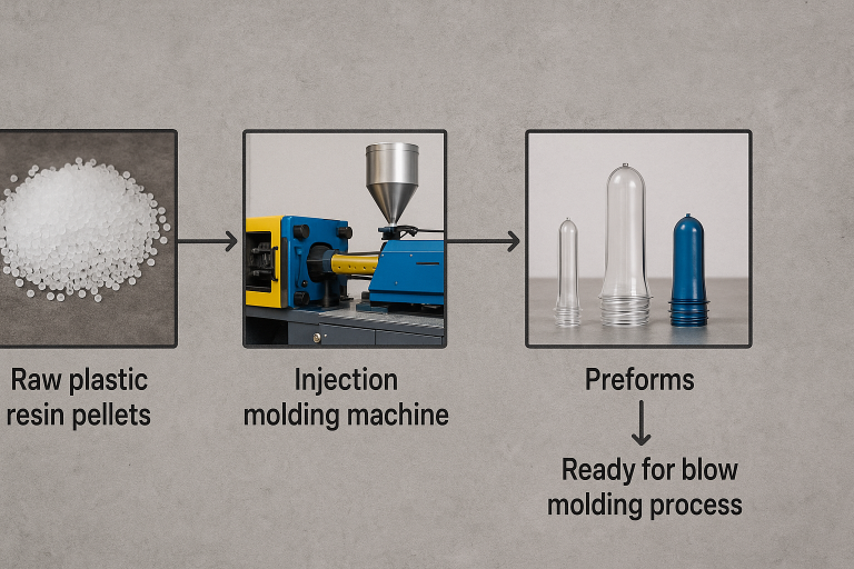 Flowchart illustrating the initial stages of plastic bottle manufacturing, from raw plastic resin pellets being fed into an injection molding machine to the production of various preform shapes, ready for the subsequent blow molding process.