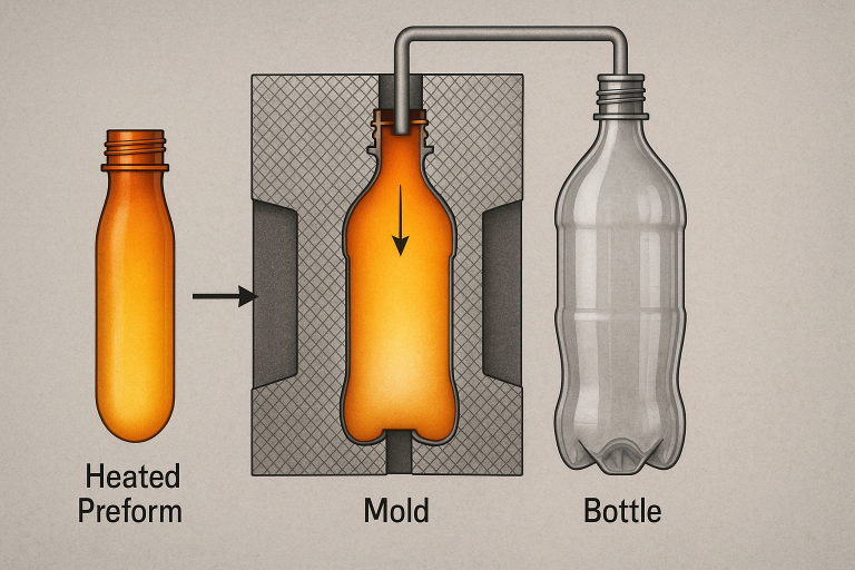 Diagram illustrating the blow molding process, showing a heated preform being placed into a mold, inflated with compressed air, and expanding to take the bottle's final shape, emphasizing the key stages of plastic transformation.