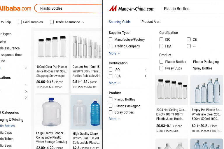 Screenshot montage showing typical search results interfaces on Alibaba and Made-in-China for 'plastic bottles', highlighting filters for supplier type, certifications, and product categories to guide an effective online sourcing strategy.