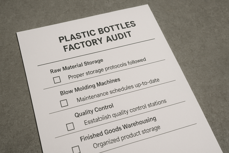 Example of a Plastic Bottles Factory Audit checklist, focusing on critical areas such as raw material storage protocols, blow molding machine maintenance schedules, established quality control stations, and organized finished goods warehousing, crucial for thorough vetting.