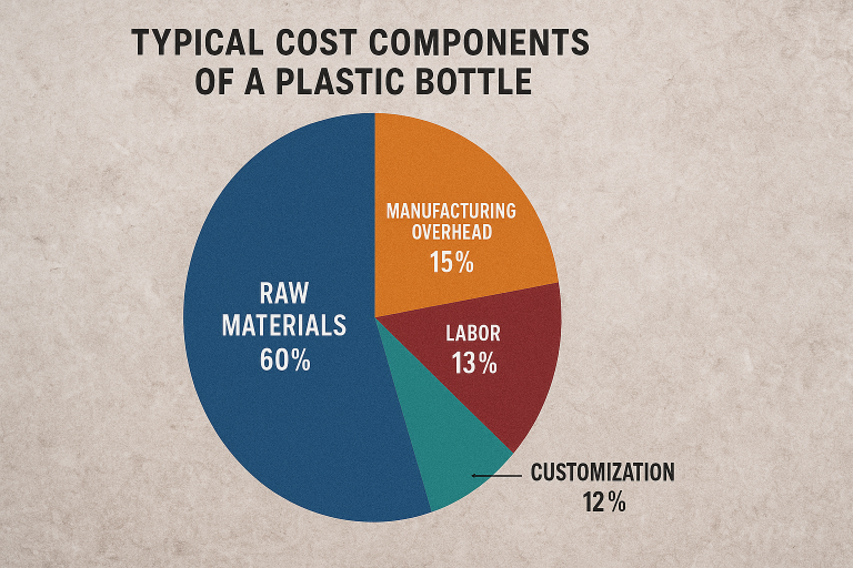 Pie chart visually breaking down the typical cost components of a plastic bottle, highlighting the dominant share of raw materials, followed by manufacturing overheads, labor, and specific customization costs, providing a clear financial overview.